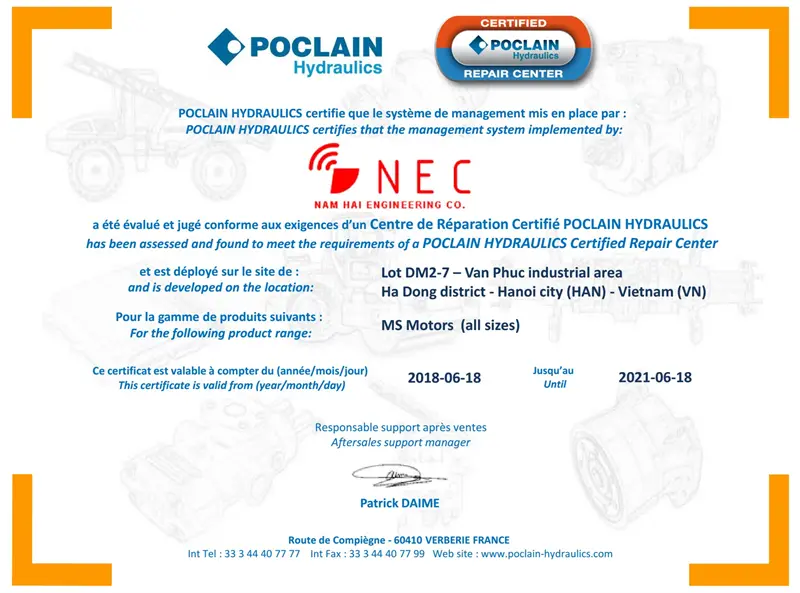 Đón Nhận Chứng Chỉ Crc Certified Repair Center Từ Hãng Poclain